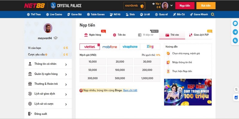 phí gach thẻ nạp thẻ cào Net88