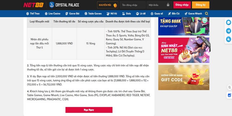 Chi tiết về khuyến mãi nạp tiền của Net88 thưởng tối đa 1.888k