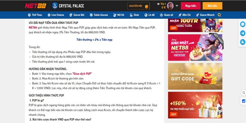 Chương trình Net88 tặng 888k khi nạp qua P2P