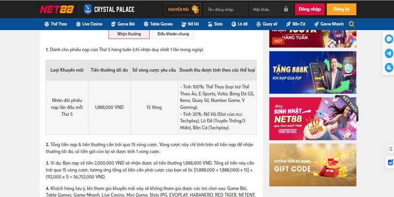 Thưởng Nạp Tiền Thứ 5 Hàng Tuần 1.888k Tại Net88