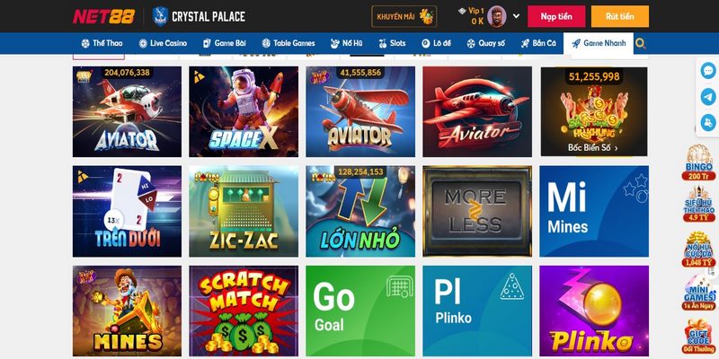 Minigame Net88 1 giây với tài xỉu, xóc dĩa, trên dưới, vé số cào cào