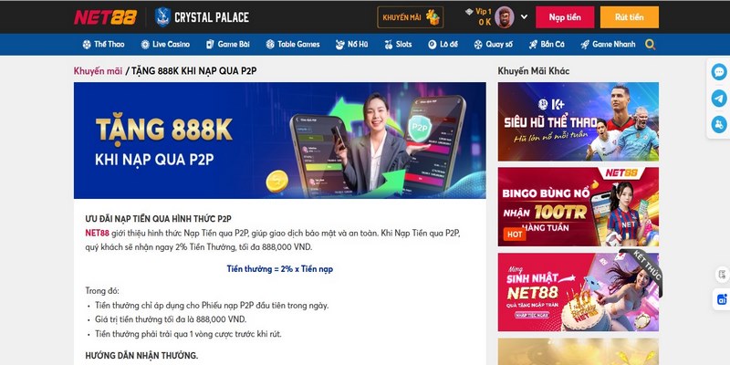 Chương trình Net88 tặng 888k khi nạp qua P2P