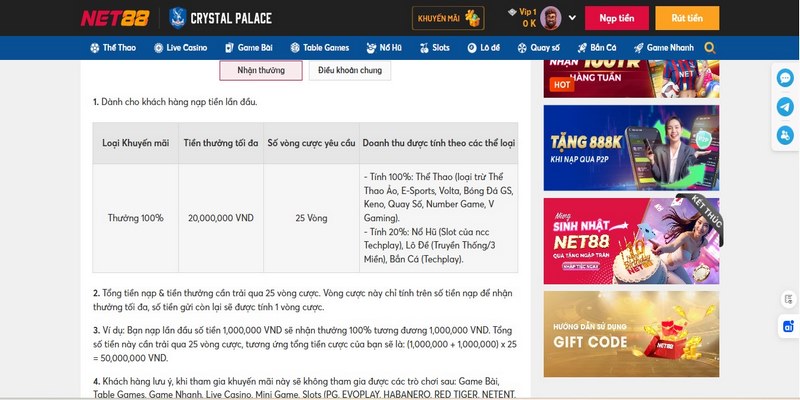 Net88 khuyến mãi nạp đầu tặng 100% tối đa 20 triệu đồng