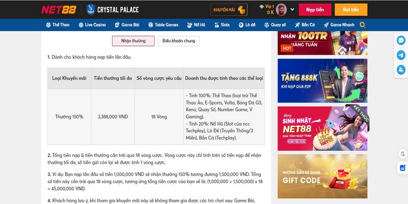 Net88 khuyến mãi nạp đầu tặng 150% tối đa 3.388k