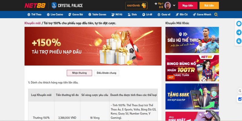 Net88 thưởng tân thủ nạp đầu 150%