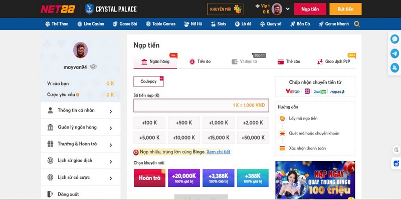 Net88 quy định nạp tiền tối đa 299.000.000/lần
