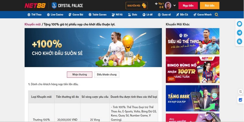 Net88 thưởng nạp đầu 100%